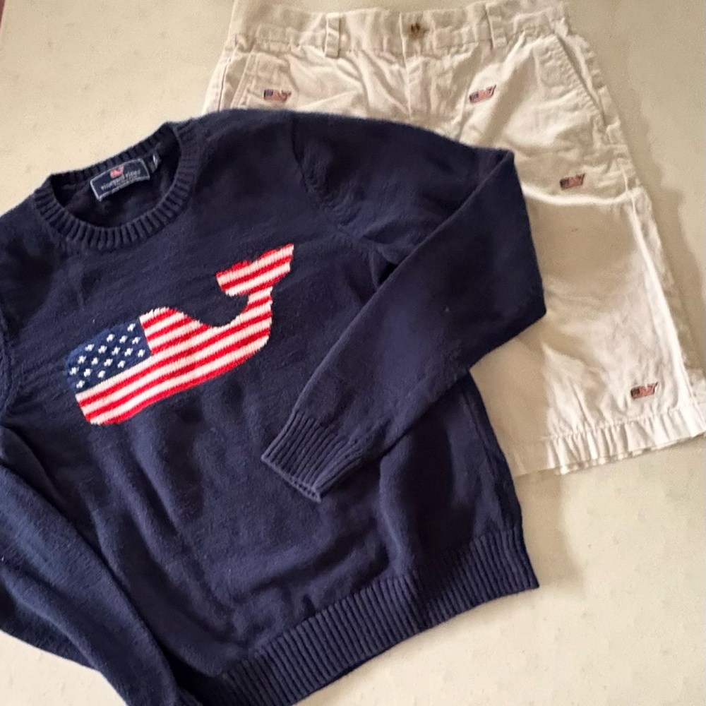 Vineyard Vines Boys Whale Cotton Club Sweater and Shorts. Boy’s Size  (12-14)